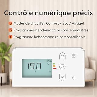 CIARRA CBHT10E Radiateur à Inertie 1000W - Chauffage Électrique Mural Intelligent avec PID & Programmation Hebdo, IP24 pour Salle de Bain ou Chambre(10-15㎡)