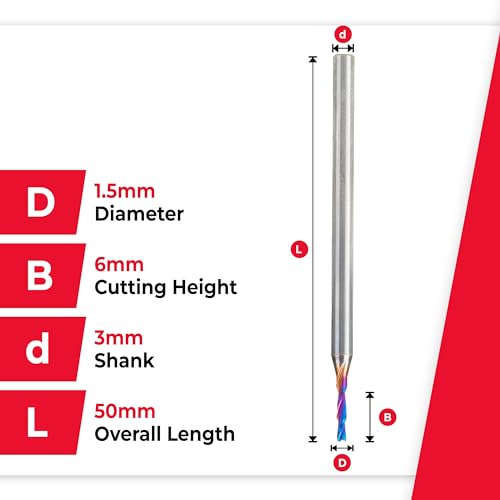 Image of Amana Tool 48212-K SC Spektra Extreme Tool Life Coated Spiral Plunge 1.5mm Dia x 6mm CH x 3mm SHK 50mm Long Down-Cut Router Bit
