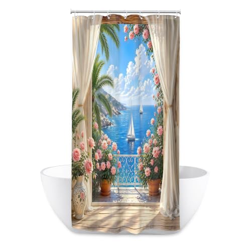Image of Small Stall Beach Ocean Shower Curtain Blue Coastal Floral Bathroom Decor