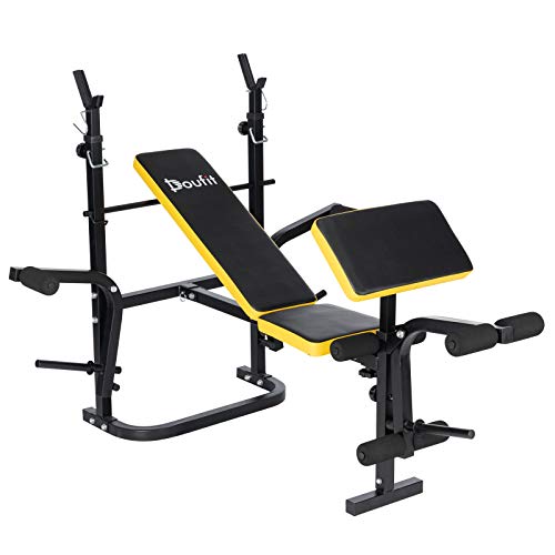 Adjustable Weight Bench with Squat Rack, Doufit WB-04 Foldable Workout Bench with Leg Extension and Preacher Curl for Full-Body Exercise and Strength Training, Weight Lifting Bench Press for Home Gym