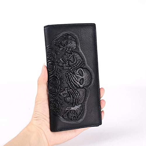 Mens Slim Genuine Leather Bifold Long Wallet Embossed Skull Checkbook Wallet for Women2
