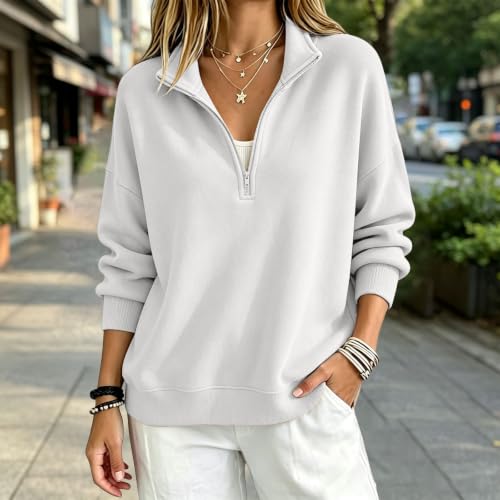 Oversized Quarter Zip Pullover Women Casual Half Zip Sweatshirts White L - image 7