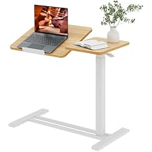 Adjustable Overbed Bedside Table with Wheels, Pneumatic Tilting Desktop Mobile Standing Desk, Rolling Laptop Desk for Bed, Sofa, or Hospital Use, 31.6" W x 15.7" D, Maple