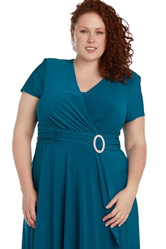 Image of R&M Richards Women's Cascade Wrap Dress with V-Neck & O-Ring Rhinestone Buckle, Work to Weekend Short Sleeve Flowy Silhouette