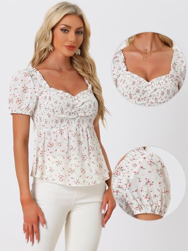 Allegra K Puff Short Sleeve Floral Blouse for Women's Sweetheart Neck Shirred Ruffle Peplum Top2