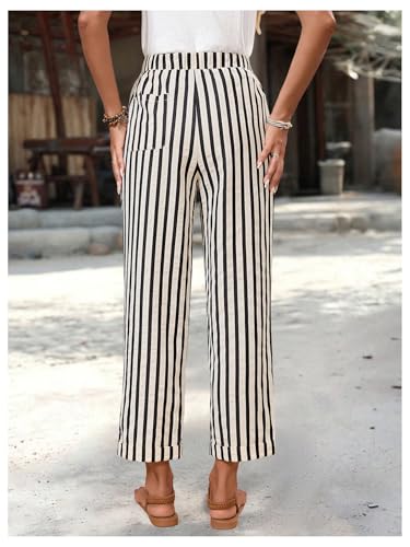 Women's Striped 3/4 Length Pants Straight Leg Drawstring Waist Cropped Pants Trousers with Pockets3