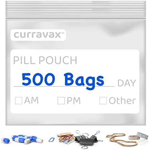 CURRAVAX Pill Bags Pack of 500 - BPA Free 3 x 2.75 inch Pill Pouch - Reusable Pill Pouches for Medicine with Write on Label –Clear Ziplock Pill Baggies for Travel Medicine Organizer