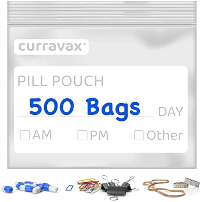 CURRAVAX Pill Bags Pack of 500 - BPA Free 3 x 2.75 inch Pill Pouch - Reusable Pill Pouches for Medicine with Write on Label –Clear Ziplock Pill Baggies for Travel Medicine Organizer