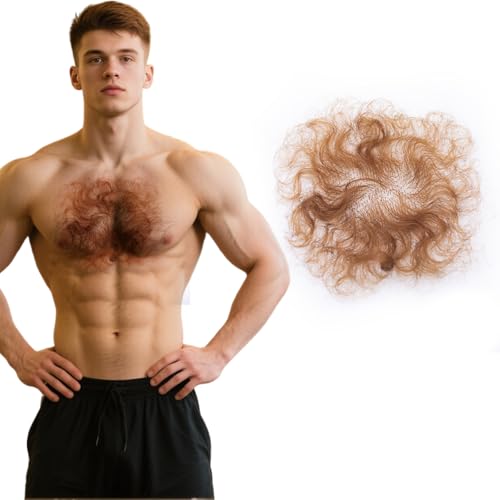 Fake Chest Hair Body Hairs Adding Hair Volume Enhancement of Manliness Handmade Full Lace Fake Realistic Chest hairs (Round-Brown Yellow)