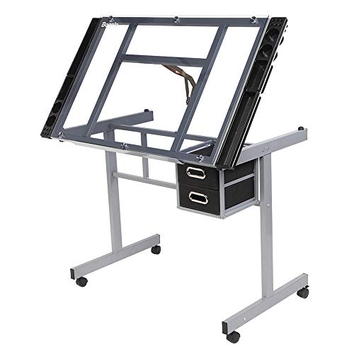 Bonnlo Glass Top Drafting Table, Professional Drawing Desk Art Craft Work Station, Angle Adjustable W/Storage Drawers For Reading, Writing #TOP6