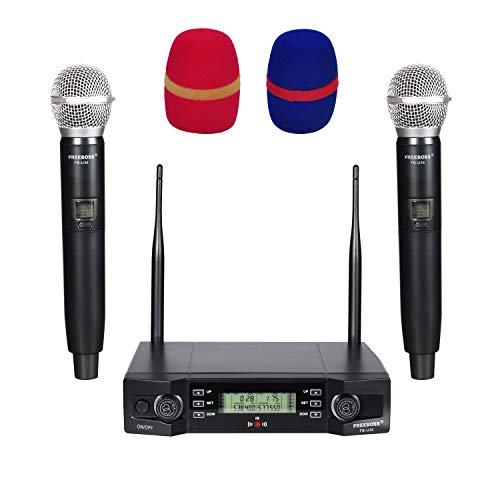 Wireless Microphone System, FREEBOSS Selectable Frequency Channels UHF Wireless Mic Set, with 2