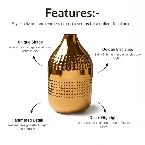 Image of Market99 Golden Metal Flower Holder|Gourd Shape Vase with Hammered Texture & Glossy Texture|Decorative Accent for Living Room, Shelf, Office, Tabletop & Festive Gifting|Makes Any Surface Stand Out