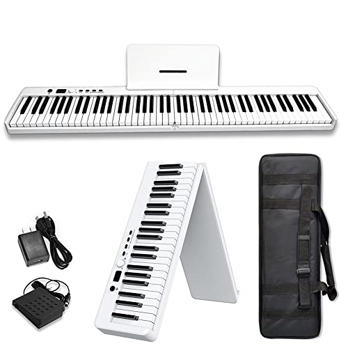 折りたたみピアノ - 88鍵、フルサイズセミウェイテッドデジタルキーボード、楽譜スタンド付きデジタルピアノ、サスティンペダル、ハンドバッグ (Color : White)