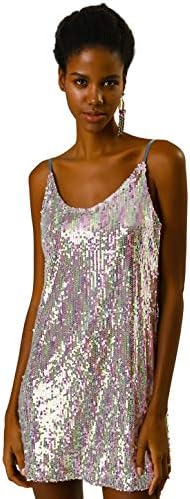 Allegra K Women's Halloween Glitter Sequin V Neck Spaghetti Strap Mini Party Dress Clubwear Medium Silver (with Pinks)