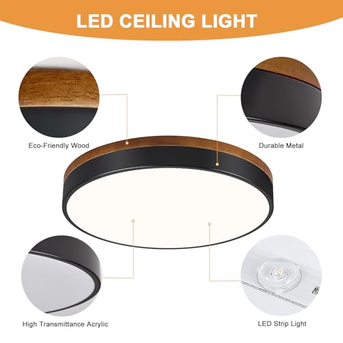 Image of Modern Walnut Wood Black Flush Mount Ceiling Light 15.74 Inch