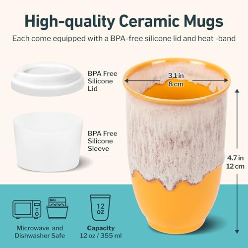NOVA CERAMICS Grapefruit 12oz Travel Mug - To Go Coffee Tumbler With Lid - Microwave & Dishwasher Safe - Unique Design - Modern Style - Reusable - Adults
