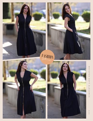 Image of GRACE KARIN Womens Summer Casual Dress, Business Office Work Dresses, Cap Sleeve Zipper Front Flowy Midi Dress with Pockets