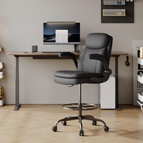 Image of Misolant Drafting Chair, Tall Office Chair for Standing Desk, High Leather Executive Office Chair with Adjustable Height and Flip-up Armrest for Counter Height Desk