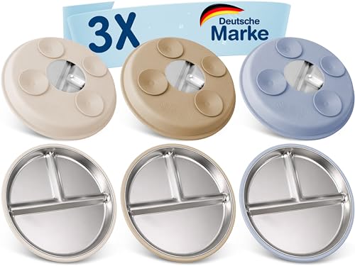Mutkind® 3x Baby Teller mit Saugnapf - (Extra Starker Halt) Edelstahl Kinderteller - Spülmaschinengeeignet - Rutschfester Babyteller mit Saugnapf - Beikost Baby Zubehör - Hochwertiges Kindergeschirr