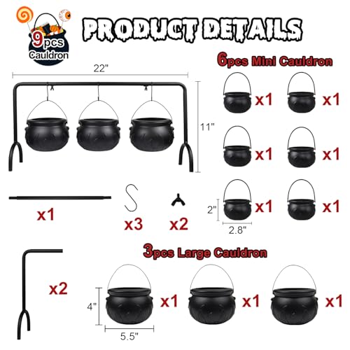 Cesof WITCH-CAULDRON-01 Halloween Cauldrons Serving Bowl Decor, Set Of 9 Hanging Black Plastic Cauldron Bowls thumb #1