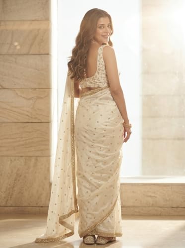 Image of ORHANS Women's Chiffon Saree with Unstitched Blouse Piece Solid Pattern and Laced Border | Lightweight Sarees for Woman | Plain Saris Daily Use | Womens Saree Modern Pattern| Stylish Saree