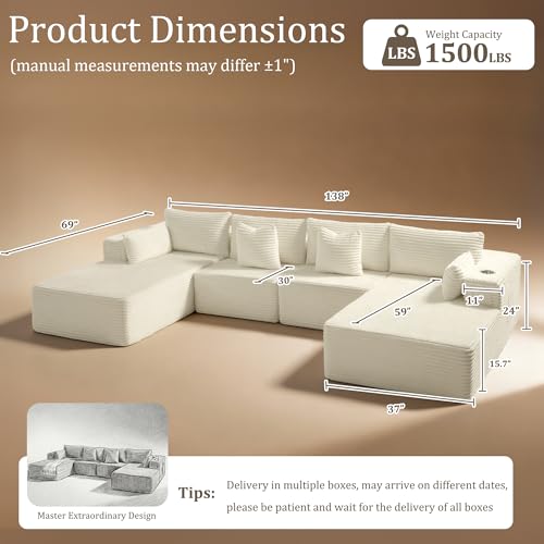 Image of 138 inch Cloud Sectional Couch, Comfort U Shaped Sofa for Living Room, Extra Deep Seats No Assembly, Minimalist Modular Couch, Corduroy (Cream, 6 Seats,U-Shape C)
