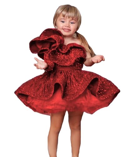 Short Mini Girl Pageant Dresses with Sequins Long Sleeve One Shoulder Flower Girl Gowns