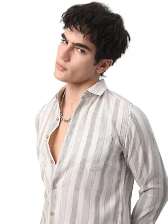 VASTRADO Olive & White Broad Striped Texture Shirt - Image 2