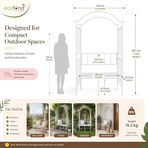 Image of ecofynd 6.8 Feet High 3.8 Feet Wide Garden Arch with 2-Seater Bench, Metal Arbor Trellis for Climbing Plant with Outdoor Garden Chair, Backdrop Stand for Wedding Lawn Backyard Party Decor (GC004-WHT)