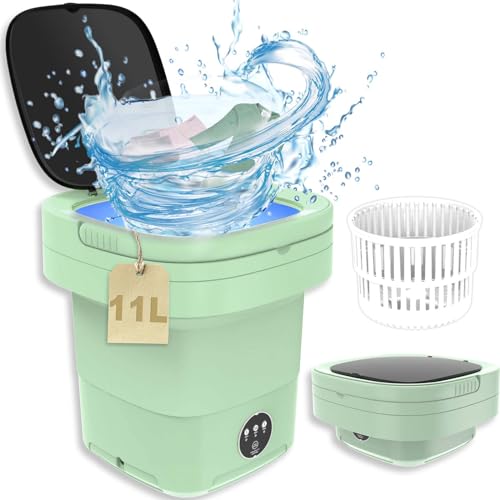 Portable Washing Machine, 11L Upgraded Mini Foldable Washer with Drain Basket washer, 2 in 1 Intelligent Laundry Machine for Baby Clothes, Underwear, Apartment, Camping, RV, Gift, Travel, Green