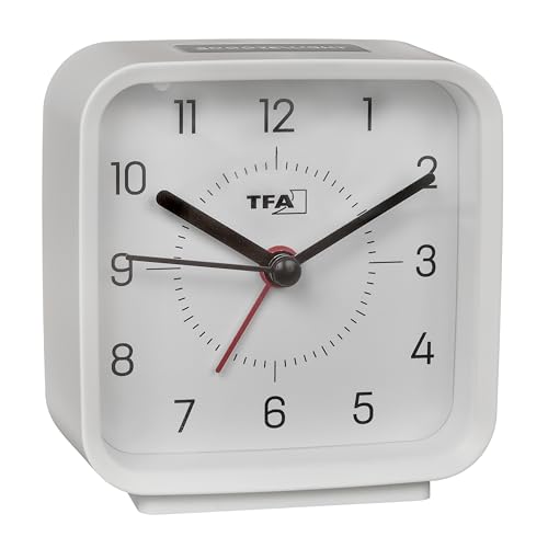 TFA Dostmann Analoger Wecker batteriebetrieben, 60.1044, inkl Quarzuhr, Nicht tickend, für Schlafzimmer/Wohnzimmer/Küche, mit Schlummerfunktion, inkl Hintergrundbeleuchtung, weiß-grau