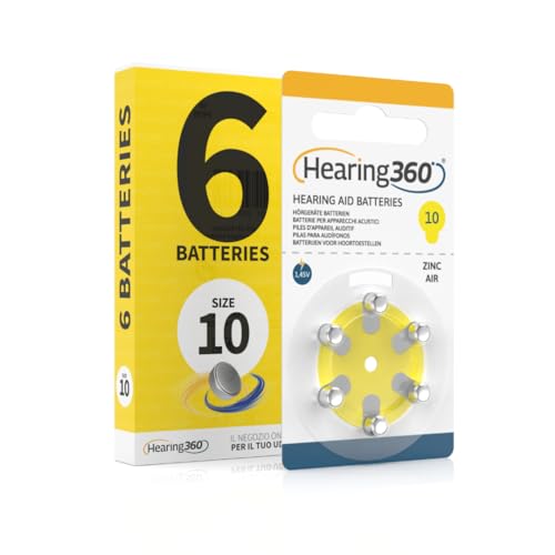 Hearing360 Baterías para audífonos PR70 tamaño 10, sin mercurio extra durabilidad y fiabilidad (1 blíster amarillo, 6 baterías)