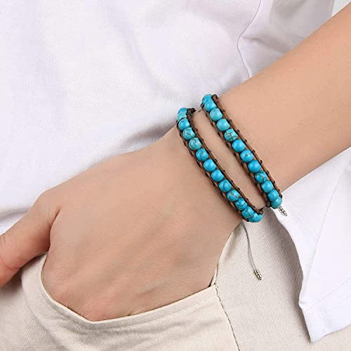 Kelitch 6Mm Turquoise Beads 2 Wrap Bracelets Natural Crystal Stone Beaded Bracelet Women Agate Leather Bracelets Bangles #TOP2