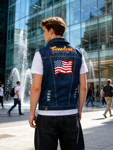 Image of Idopy Men`s American Flag Retro Ripped Denim Jeans Vest Sleeveless Jacket