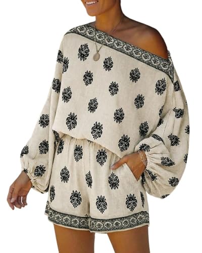 CHICME Womens 2 Piece Boho Outfit Lantern Sleeve Linen Top and Shorts Set Beach Vacation Summer Outfits-Ap-M
