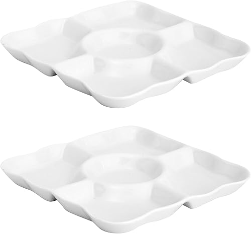 Miniatura 7 de Juvale Juego de 2 bandejas de porcelana para servir aperitivos, platos divididos reutilizables de 5 compartimentos para tablas de charcutería,