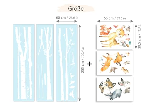 Grandora Wandtattoo Wandsticker Kinderzimmer Tiere Wald Birkenstämme Wandaufkleber Wanddeko Sticker Babyzimmer Spielzimmer Wandbild Kinder Jungs Aufkleber DL760