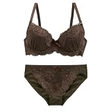 [シロハト] SONIA 花柄スカラップレース リボン ブラジャー ショーツ セット(BR-ブラウン、B80-L)