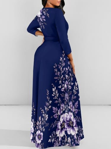 Image of Women Plus Size Long Sleeve V Neck Maxi Dress with Belt | Soft fabric relaxed fit three quarter sleeve v neck with pockets for party and daily wear