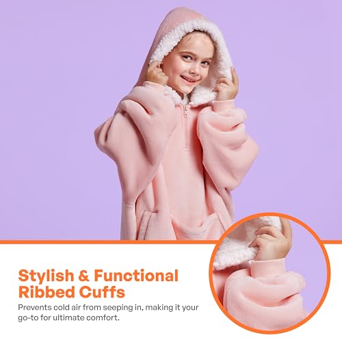 Giggling Getup Wearable Blanket Hoodie for Girls and Boys Sherpa Fleece Hooded Blanket Sweatshirt Warm Cozy Sherpa Wearable Throw Oversized Hoodie with Giant Pocket & Sleeves for Kids Pink