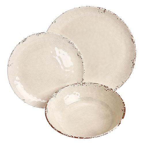 Rustic Pearl Vajilla 12/6/3 piezas, vajilla de melamina, cocina, camping, picnic, beige, marrón, blanco (1 persona/3 piezas)
