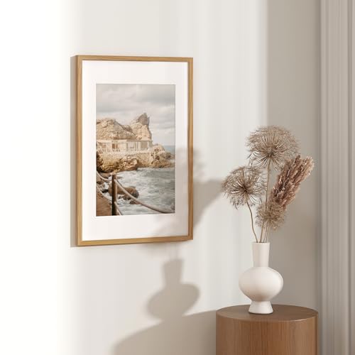 Image of FLYJOE 16x24 Oak Wood Picture Frame with Mat for 12x18, 16 by 24 USA-Sourced Natural Solid Wooden Poster Frame for Wall Display, Tempered Real Glass, Hanging Hardware Included, 3 Pack, Natural