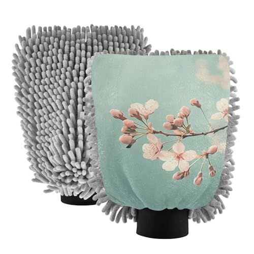 STAYTOP Beautiful Cherry Blossoms Car Wash Mitt Microfiber, 2Pcs Scratch Free Lint-Free, Premium Chenille Microfiber Mitt Car Wash Brush-M