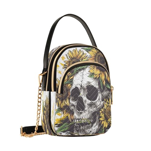 ALAZA Quilted Crossbody Bags for Women,Skull with Sunflowers Women's Crossbody Handbags Small Travel Purses Phone Bag2