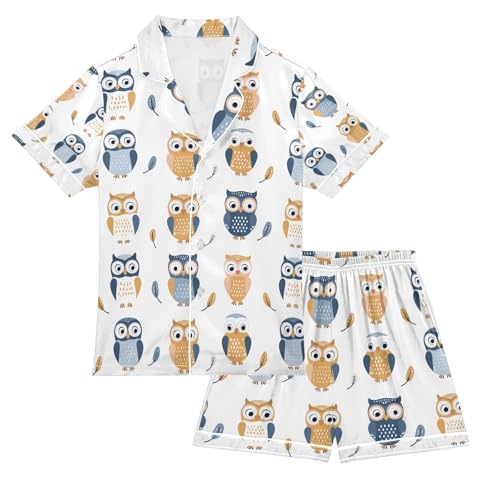 senya Cartoon Owl Satin Summer Pajama Sets Silk Short Sleeve Button Down Sleepwear