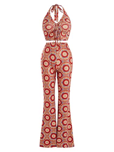 Verdusa Women's 2 Piece Outfits Drawstring Crop Halter Top and Wide Leg Pant Sets Red L