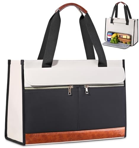 Bnlcd Lunch Tote Bag for Women - 15.6 Inch Laptop Work Bag with Insulated Lunch Compartment - Large Capacity Quilted Computer Handbag - Leakproof Lunch Box for Women Adults, White-black - image 1