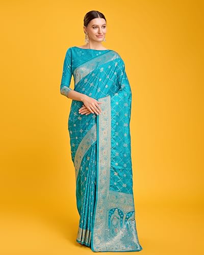 Image of Monjolika Fashion Women's Blushing Banarasi Silk Saree Zari Woven Work Enhanced Elegance Comes With Unstitched Blouse Piece