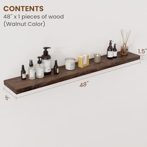Image of Floating Shelves for Wall Decor, 8 Inch Deep Rustic Solid Elm Wood Floating Shelves Wall Mounted, Wall Shelves with Invisible Bracket for Living Room Bathroom Bedroom Kitchen, 48 Inch Set of 1, Walnut