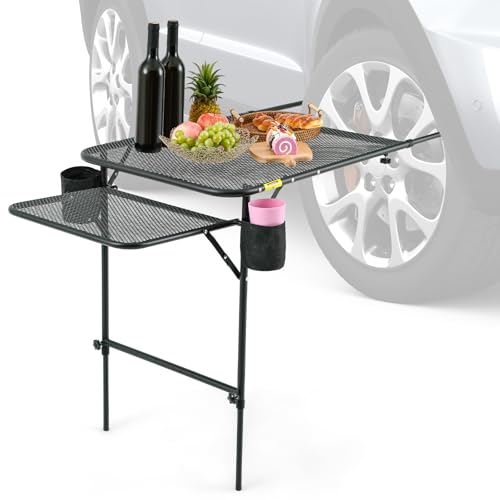 BBTO Camping Tire Mounted Table Portable Foldable Tailgate Table with 2 Cup Holders Adjustable Height & Length Car Desk for Outdoor Picnic Beach Travel Camp